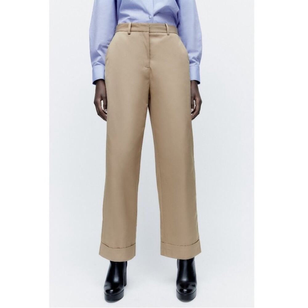 ZARA Women's Size Small Light Brown Wide-Leg Satin Trousers High-Waisted Pants S - Picture 3 of 12